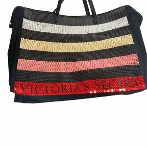 Victoria’s Secret Sequin Stripe Oversized Tote Bag Black Gold Pink Red Bling